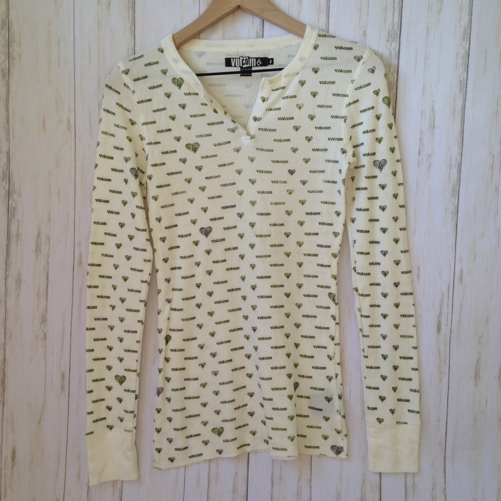 Volcom White Green Logo Thermal Long Sleeve Shirt